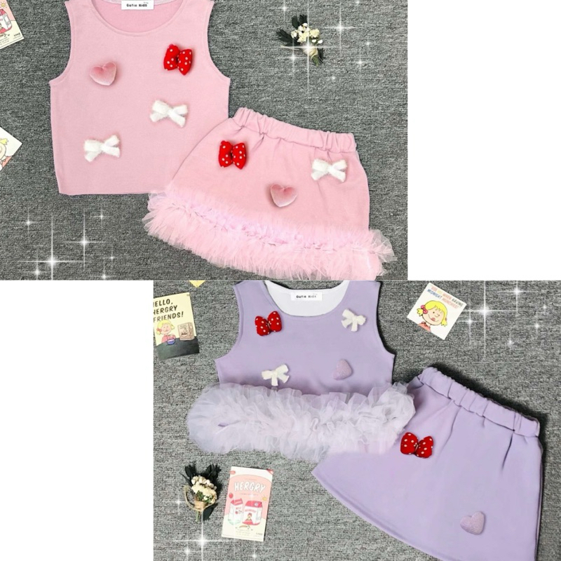 พร้อมส่ง ชุดเซต2ชิ้น เสื้อแขนกุด+กระโปรง แต่งโบว์หัวใจ3D ฟรุ้งฟริ้ง เนื้อผ้ากำมะหยี่ 2สี: สีชมพู|สีม่วง (size : 110-160)