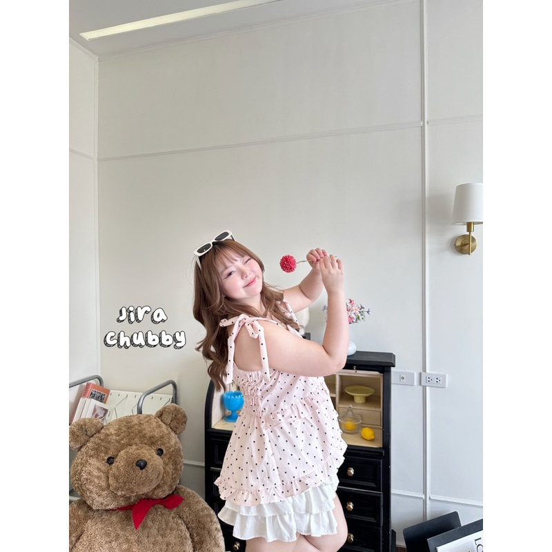 (ส่วนลดvideo/มีส่งด่วน!🔥) Yujin Top💖🎀🌷(JR) เสื้อสายเดี่ยวผูกโบว์ที่ไหล่ลายจุดน่ารัก สาวอวบไซส์ใหญ่ (อก-52) - รูปที่ 3