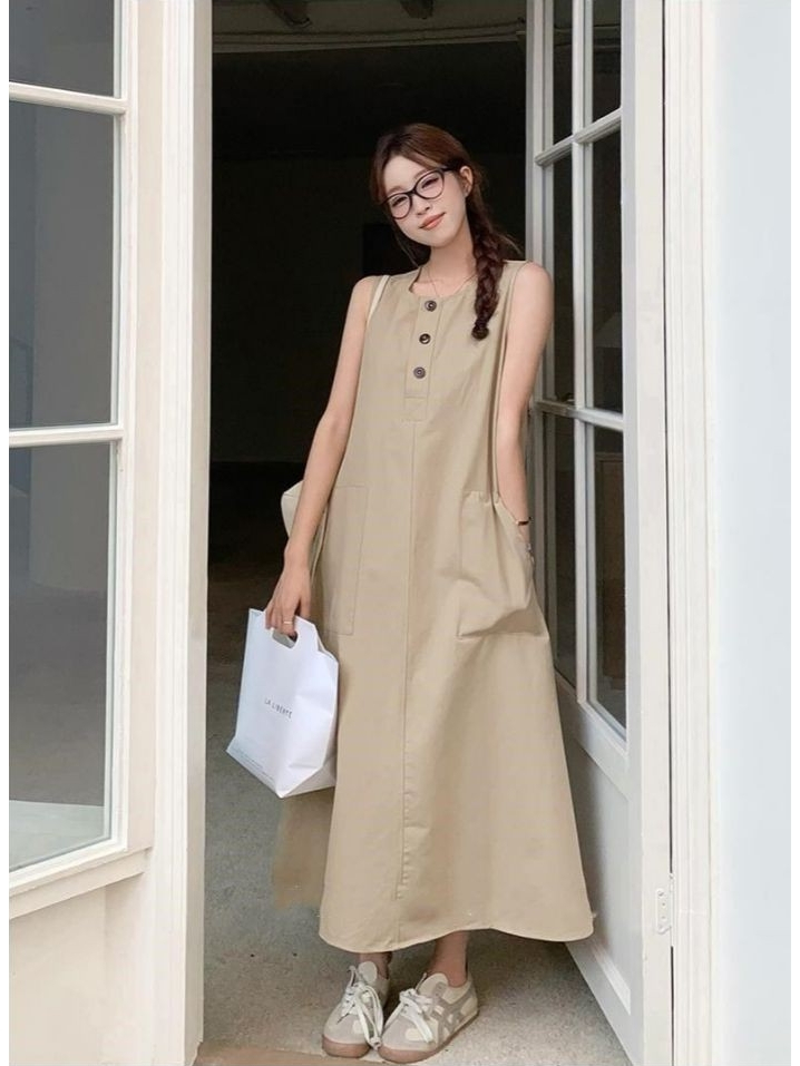 Lalita เดรสเกาหลี เดรสยาว กระดุมใช้งานได้จริง ผ้ายืด เดรสยาว ใส่สบาย รูปที่ 4