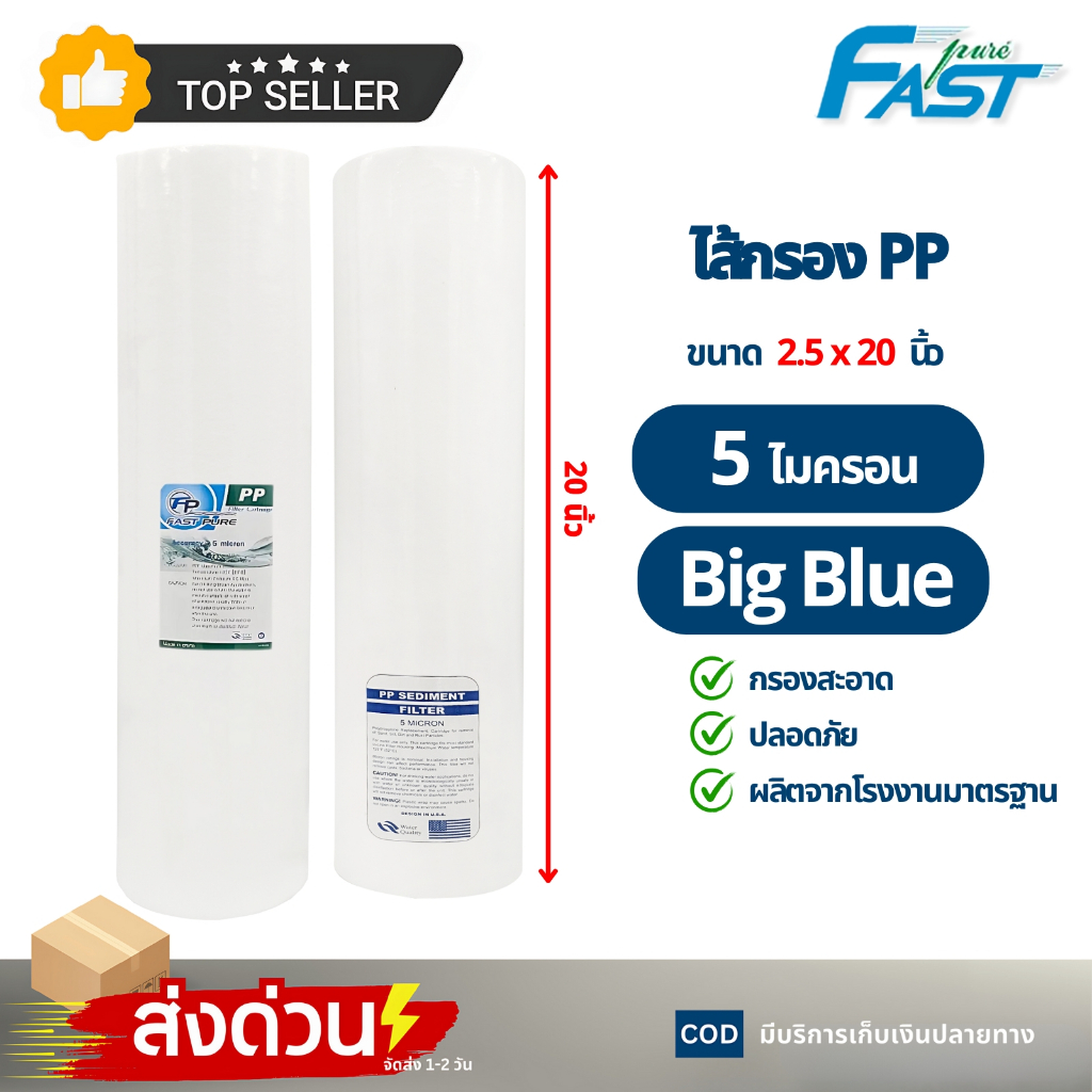 ไส้กรอง PP แบบเรียบ BigBlue ขนาด 4.5 x 20 นิ้ว Fast pure 5 ไมครอน อะไหล่เครื่องกรองน้ำ