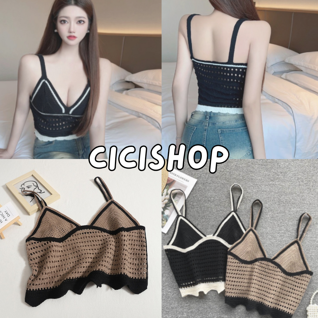 SALE 8.8Cicishop (Q302) เสื้อสายเดี่ยวไหมพรมKnit มีความซีทรูเบาๆตัดสีขอบสวยแซ่บมาก
