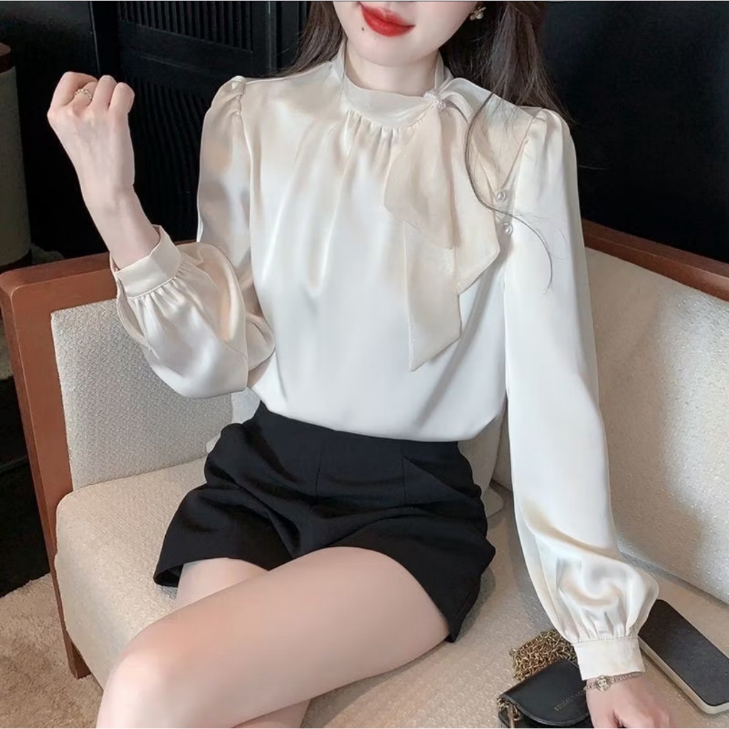 เสื้อแขนยาวผู้หญิงผ้าเกาหลีสไตล์ฝรั่งเศสฤดูใบไม้ผลิและฤดูใบไม้ร่วงพร้อมริบบิ้นแขนยาวผ้าเกาหลีสุดเก๋ระดับไฮเอนด์ มี10สี่