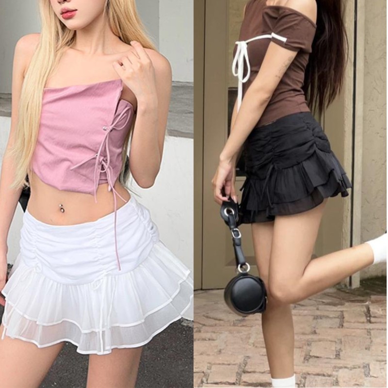 กระโปรงสั้นผ้าชีฟอง ทรงเอ ซิปข้าง สีดำ/สีพื้น มีซับใน สม็อคหน้า-หลัง แต่งเชือกผูกโบว์ กระโปรงแฟชั่น #2453