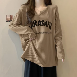 เสื้อยืดโอเวอร์ไซส์ (50-150 กก.) แขนยาว สไตล์เกาหลี คอวี พิมพ์ลายตัวอักษร พลัสไซส์ เสื้อยืด คัตติ้งยาว เสื้อยืดบาง