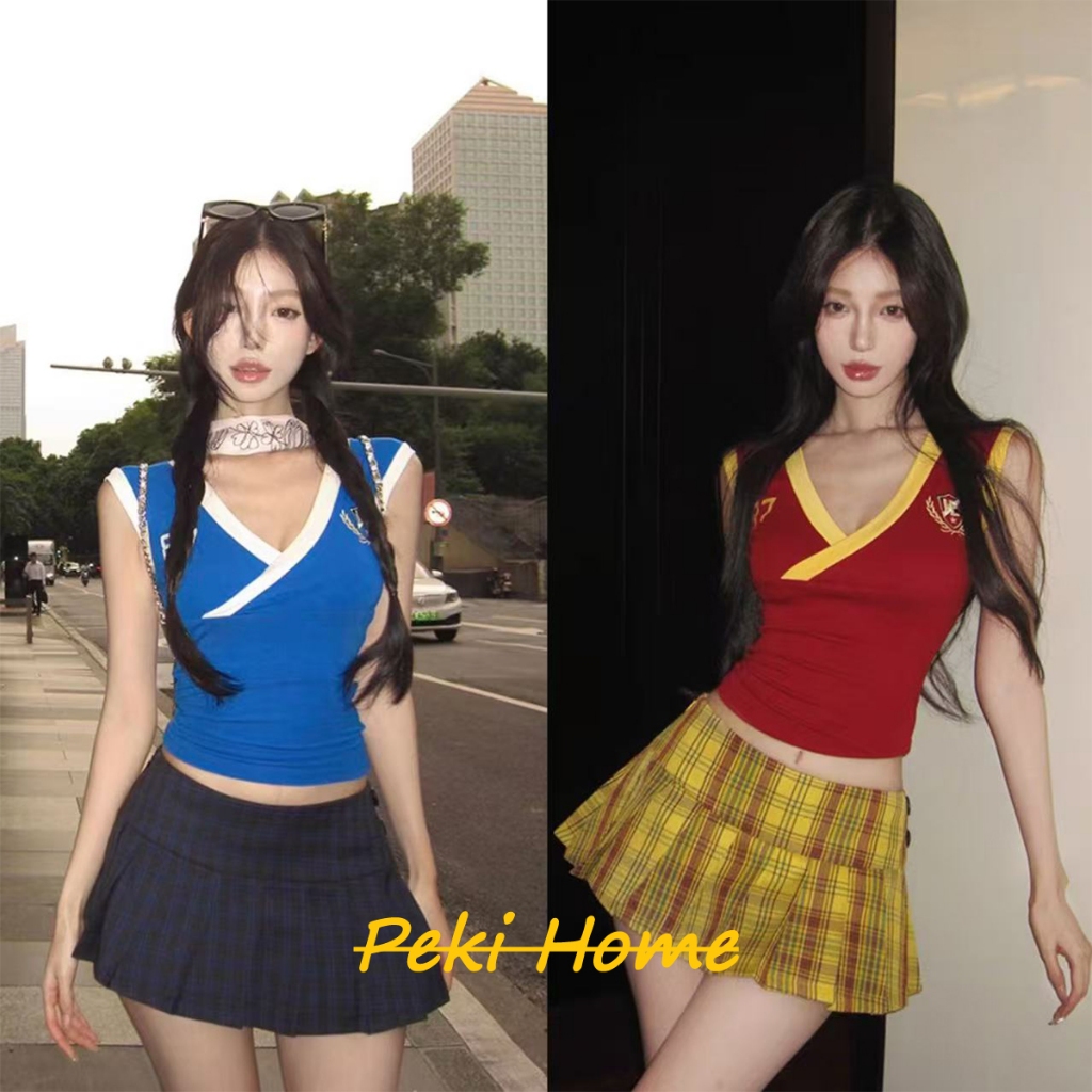 เสื้อกล้ามคอวีปักลาย ตัดสี สไตล์อเมริกัน