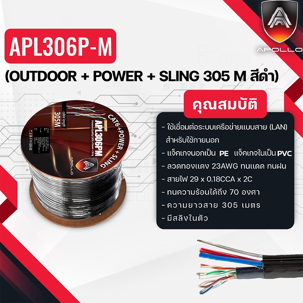 APOLLO สายแลน CAT6 UTP รุ่น APL306P-M Lan Cable Outdoor + Power Line + Messeger wire สำหรับใช้ภายนอก 305m