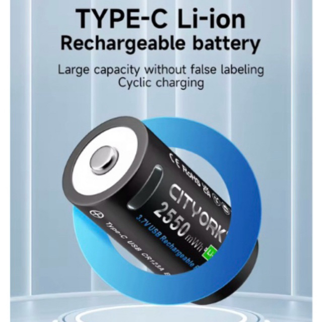 ถ่านชาร์จ CR123A Rechargeable Battery USB Type-C Fast Charge 3.7V 2550mAh lithium CR123 battery