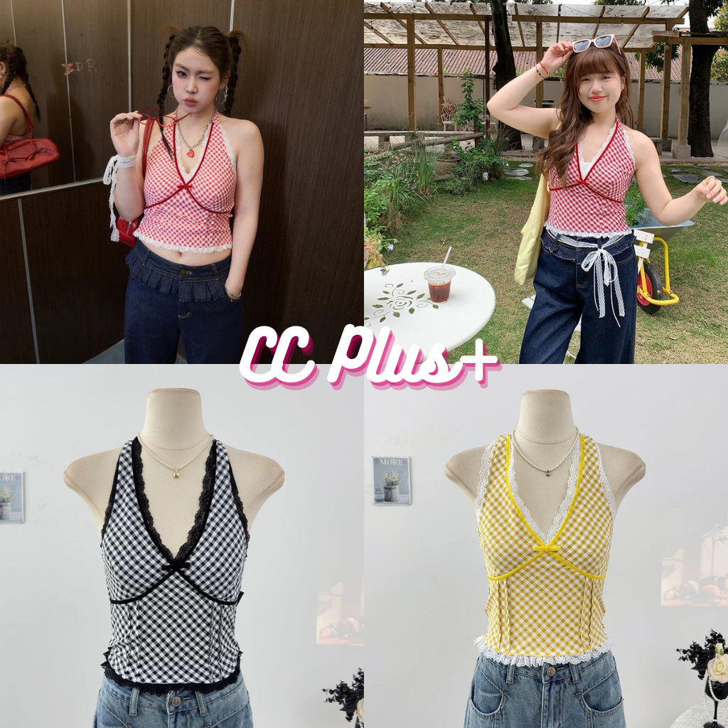 CiCi Plus+(Y6221-1) เสื้อคล้องคอ ดีเทลโบว์ด้านหลังติดกันผูกได้ สม็อคหลัง มีกระดุมติด สไตล์สาวพลัสไซส์L-XL