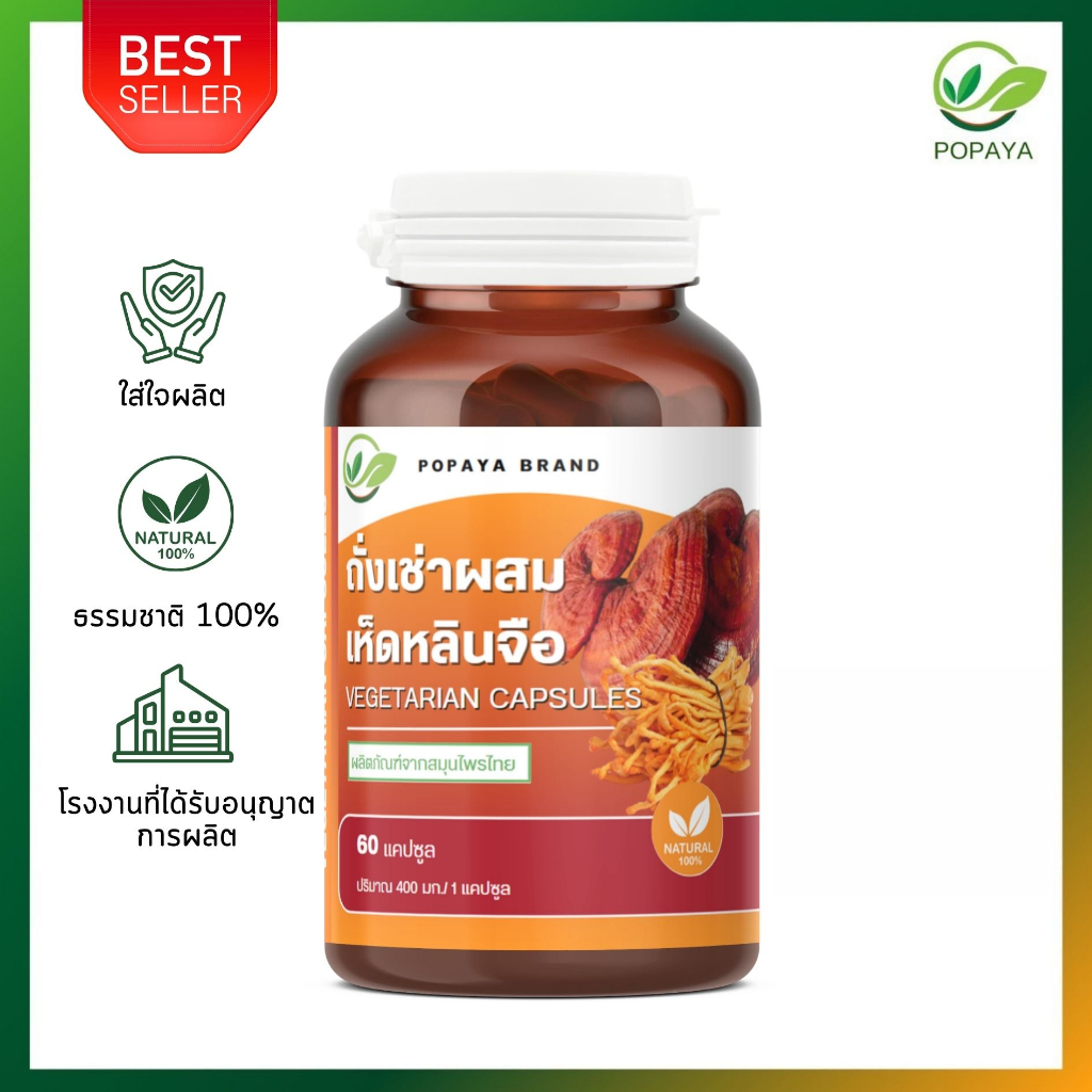 ถั่งเช่าผสมเห็ดหลินจือแดงผง 60 แคปซูล/กระปุก สมุนไพร100%Cordyceps