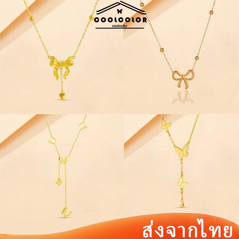 ในไทย🎀สร้อยคอโบว์เหล็กไทเทเนียมInsโซ่ลูกปัดกลมแฟชั่นสไตล์เกาหลีหวานเครื่องประดับสำหรับผู้หญิงไม่ตกสี