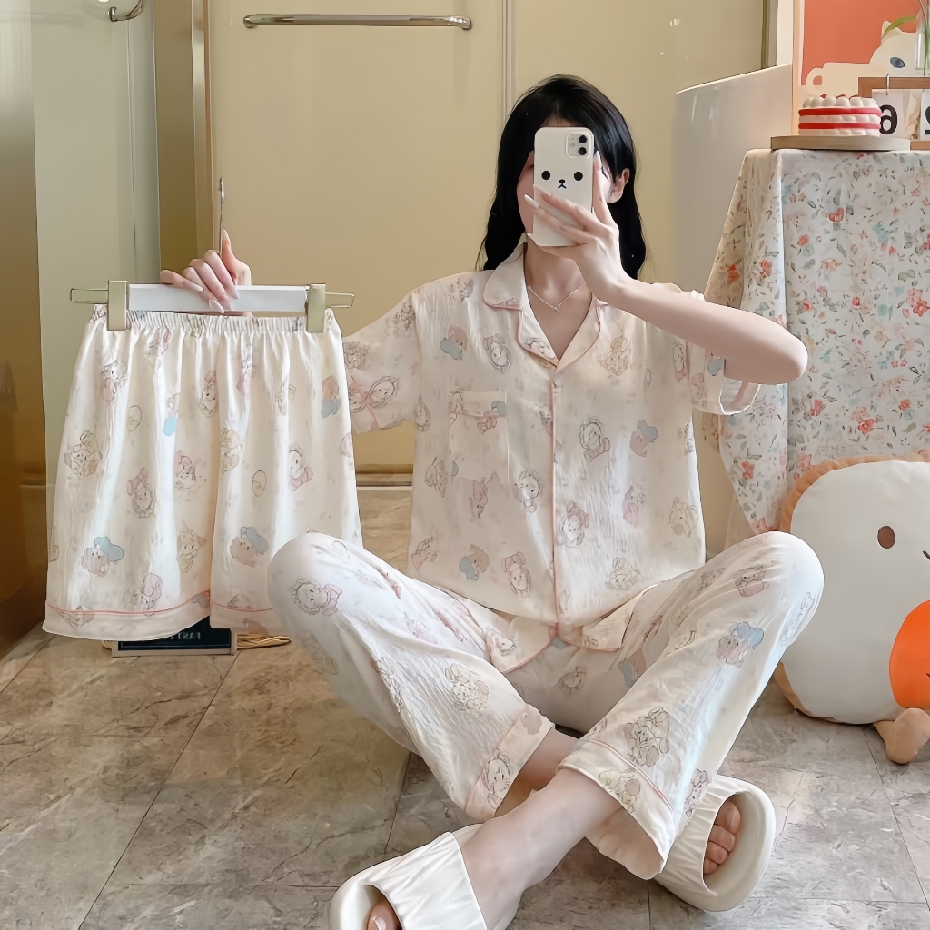 PAJAMAS HOMEWEAR ชุดนอนเซ็ต 3 ชิ้น ขายาว ชุดนอนเกาหลีผู้หญิง ชุดนอนขายาว🌹  W093 - รูปที่ 3