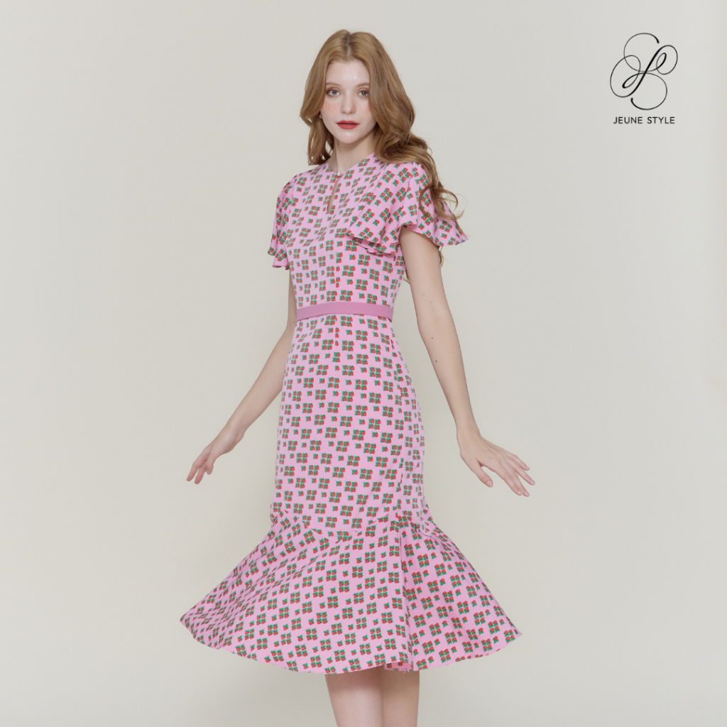 Jeune Style Floral Printed Dress เดรสพิมพ์ลายแต่งระบาย