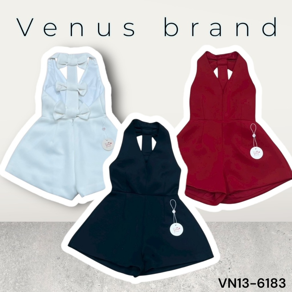 VN13-6183 VENUS จั้มสูทขาสั้นดีเทลแขนกุดเข้ารูปด้านหลังแต่งสายตืดโบว์เรียงกัน อกเสริมฟองน้ำ