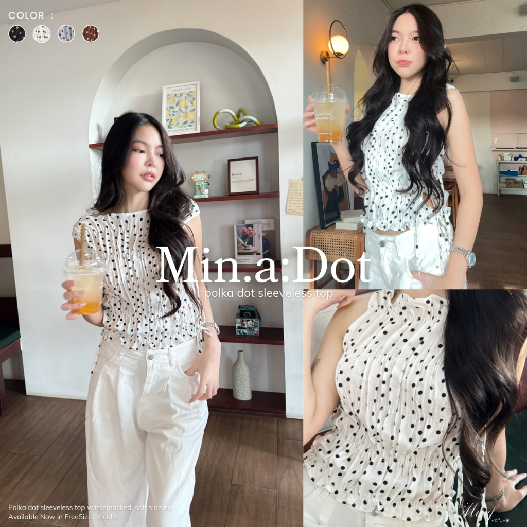 MURF | Min.a:DOT T138 เสื้อแขนกุดลายจุด จั๊มจับจีบรอบ ผูกข้าง