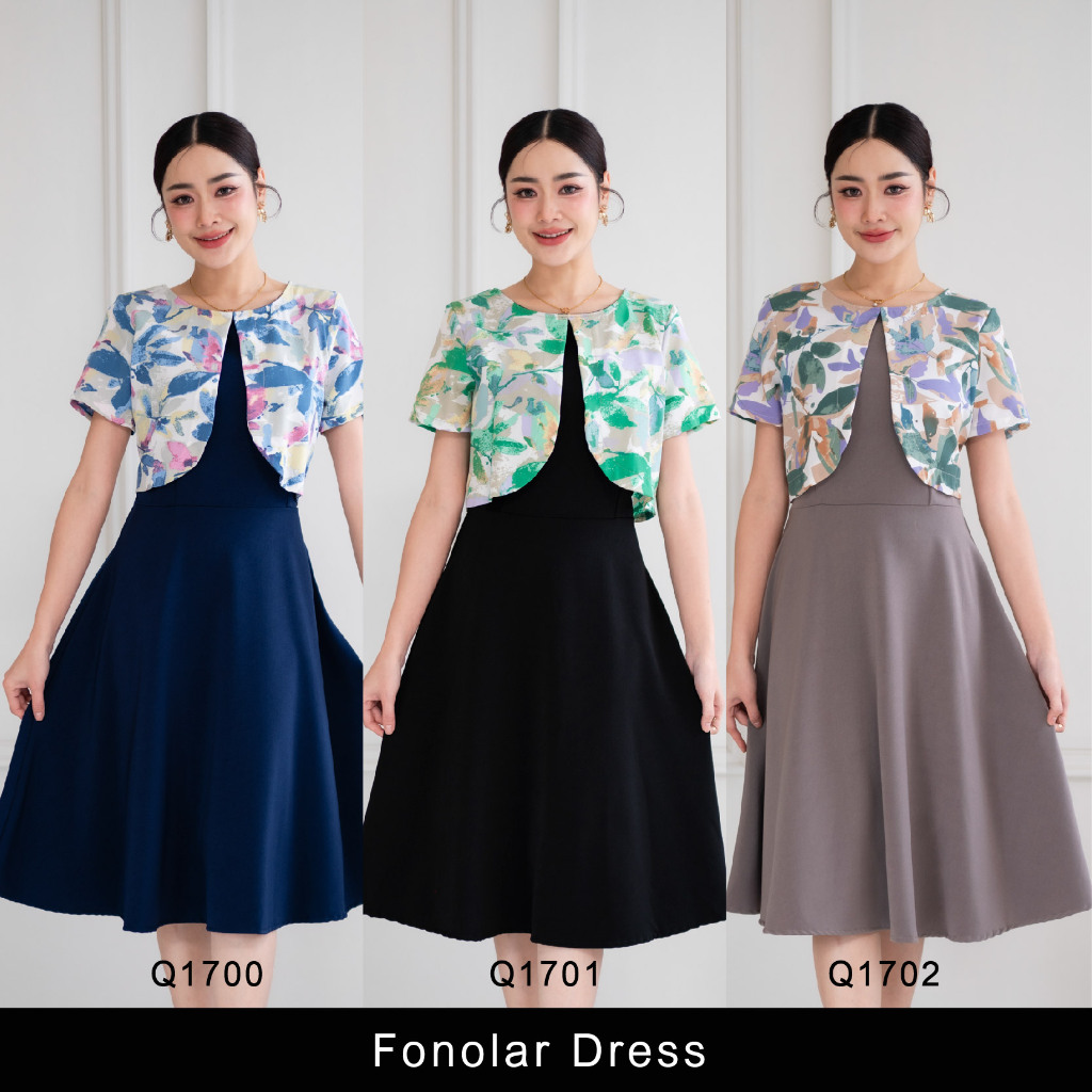 TEESBRAND Q1700 Q1701 Q1702 dressแขนสั้น เสื้อกั๊กผ้าลาย ชุดทำงาน ทรงบาน เสื้อคอกลม