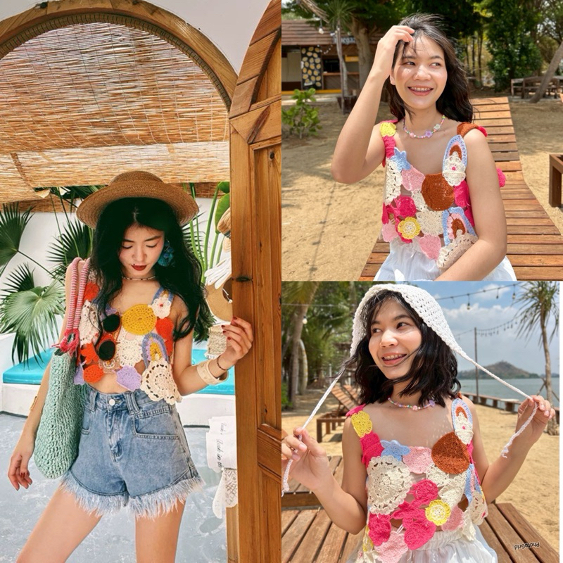 เสื้อสายเดี่ยวถักลูกไม้สีสันสดใส สายเดี่ยวถักไหมพรม (ไม่มีซับในค่ะ)