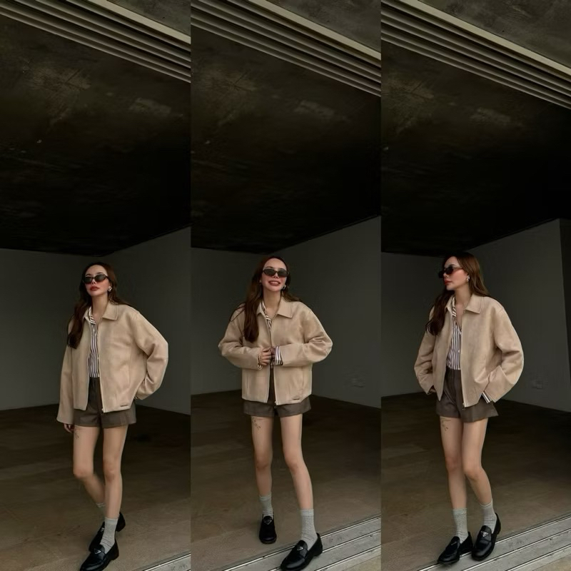 (Newส่งต่อ) NAPATVOGUE - NPV SUEDE JACKET เสื้อแจคเกตหนังกลับ สี Latte