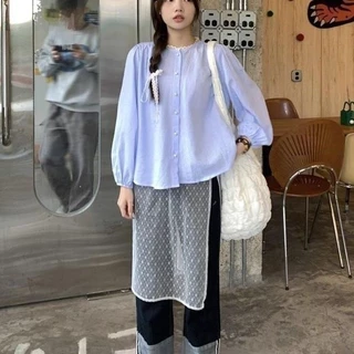 เสื้อเชิ้ตแขนยาว คอกลม แต่งกระดุม ลายทางแนวตั้ง#A101