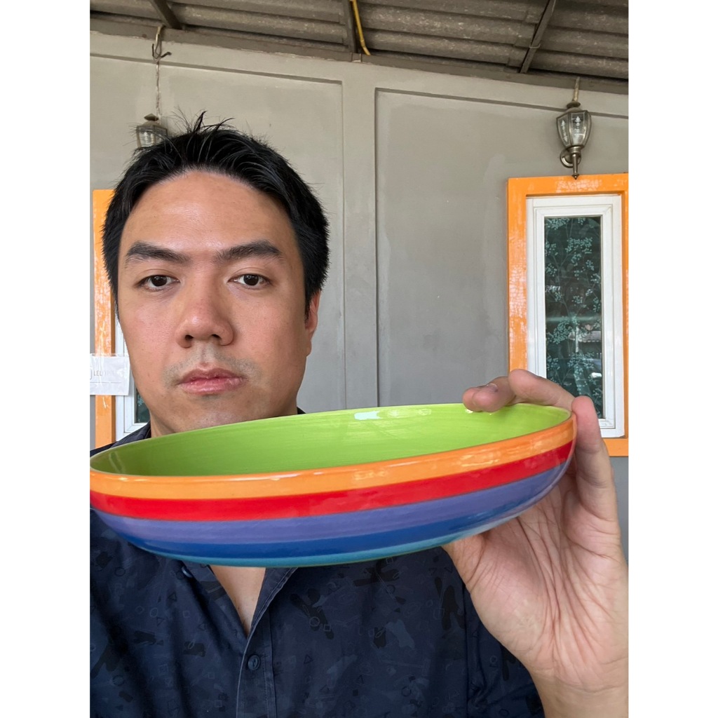 จานทรงราดหน้าเซรามิก จานทรงคูป จานแบบลึก ขนาด 9 นิ้ว ลายสายรุ้ง เนื้อสโตนแวร์ stoneware ออกใบกำกับภาษีได้