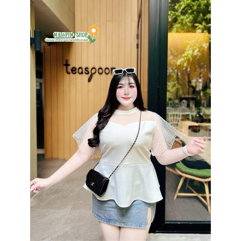 เสื้อแต่งแขนระบายมุ้งจุดกำมะหยี่ ไซส์ใหญ่ เสื้อสำหรับสาวอวบอ้วนใส่งานบุญ งานแต่ง อก46-56ใส่พรางหุ่นสวยมาก - รูปที่ 2