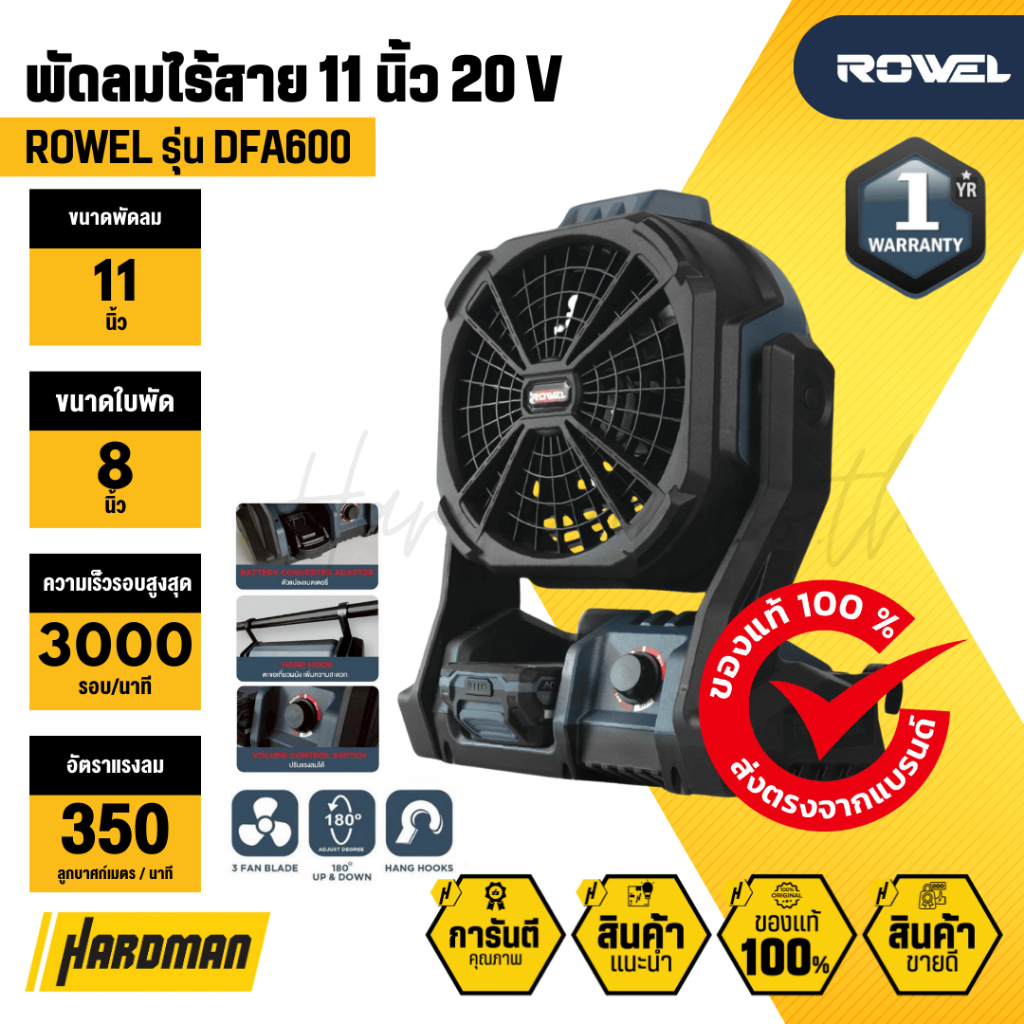 ROWEL  DFA600 พัดลมไร้สาย 11 นิ้ว 20V (ใช้เเบตPumpkinเเละMakita ได้)