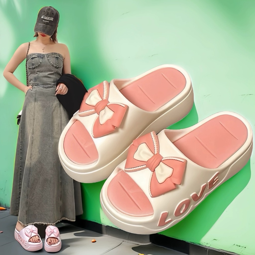 พร้อมส่งจากไทย 【2899】รองเท้าแตะแบบสวมแต่ลายโบว์สีพาสเทลตัวหนังสือLOVE