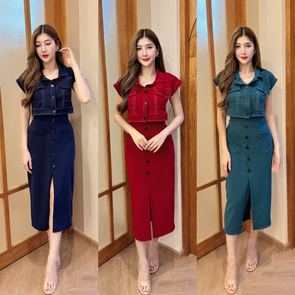 สินค้าพร้อมส่ง ชุดเซตกระโปรงผ้าวูลเวฟ เสื้อทรงครอปคอปกกระดุมหน้าแต่งกระเป๋าหน้า+กระโปรงเอวเรียบกระเป๋าหน้าแต่งกระดุม