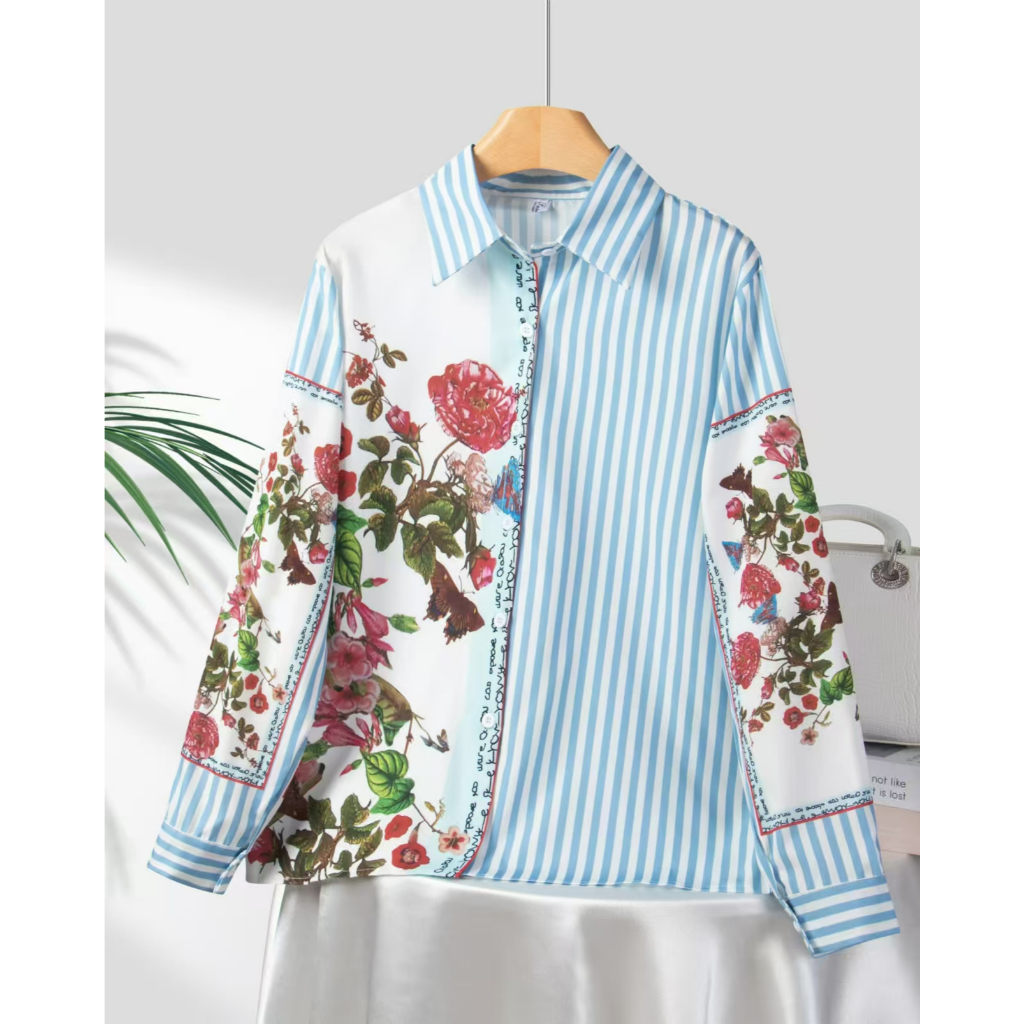 【ส่งจากไทย】เสื้อเชิ้ตแขนยาวคอปก ผ้าไหมอิตาลี เสื้อเชิ้ตผู้หญิงพิมพ์ลายpoloเสื้อย้อนยุคแฟชั่นเนื้อผ้าดีทรงหลวม