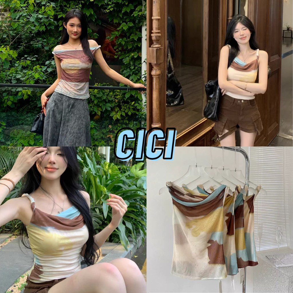 ส่งทันที Cici(NO. H8868) เสื้อซีทรูปาดไหล่ พิมพ์ลายมัดย้อม ผ้ายืด สไตล์วินเทจ