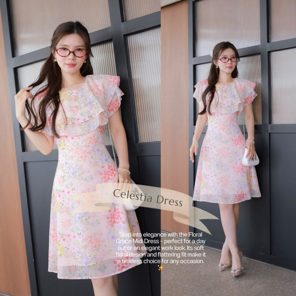Romi"Oil" Celestia Dress (Pink) J513 ชุดเดรสสีชมพู (ชีฟองคลุมไหล่แต่งกระดุมมุก)