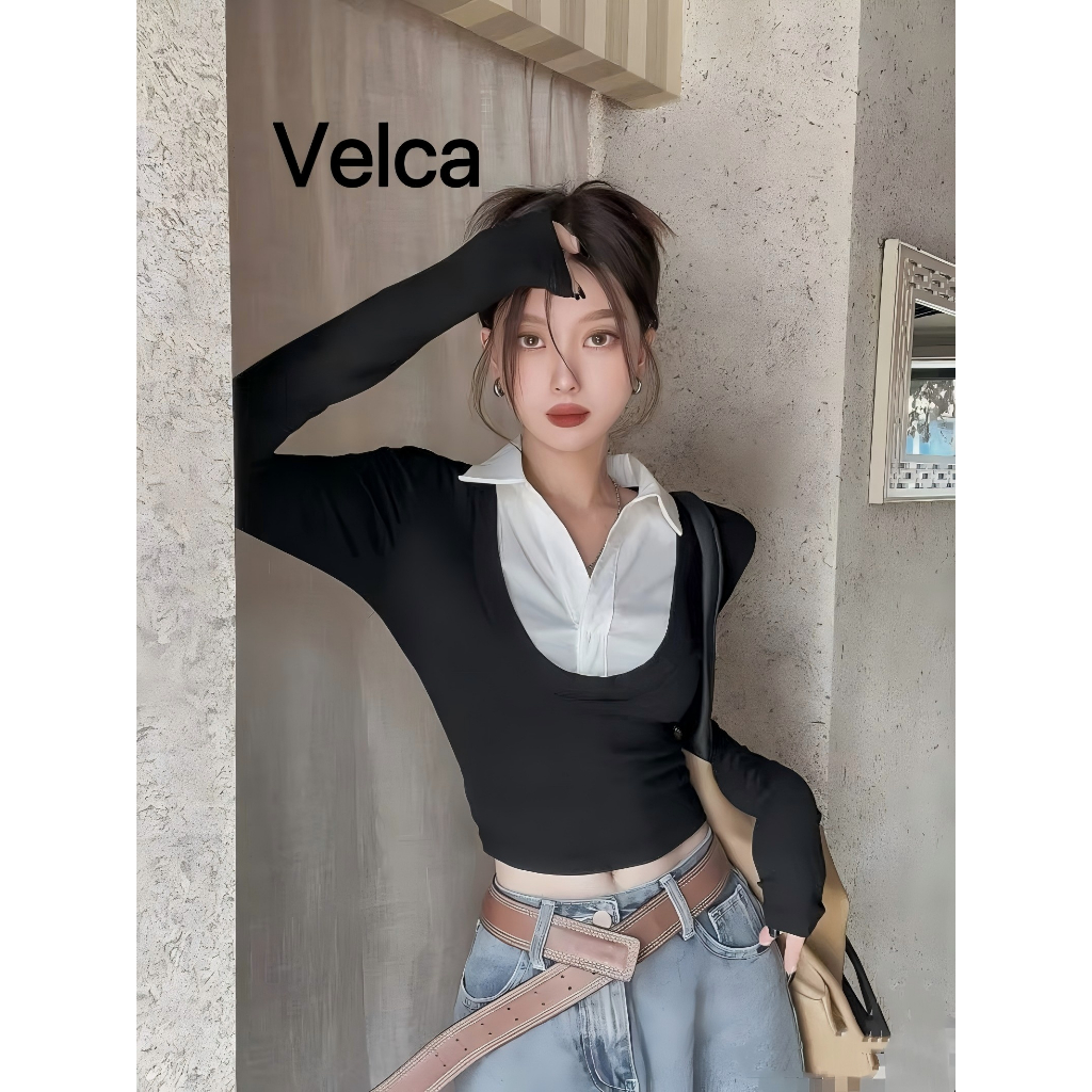 Velca พร้อมส่งเสื้อแฟชั่นผู้หญิง เสื้อครอปดีไซน์เก๋ คอปก เสื้อไหมพรมแขนยาว เย็บติดกัน สไตล์เกาหลี ดีเทลคอปก