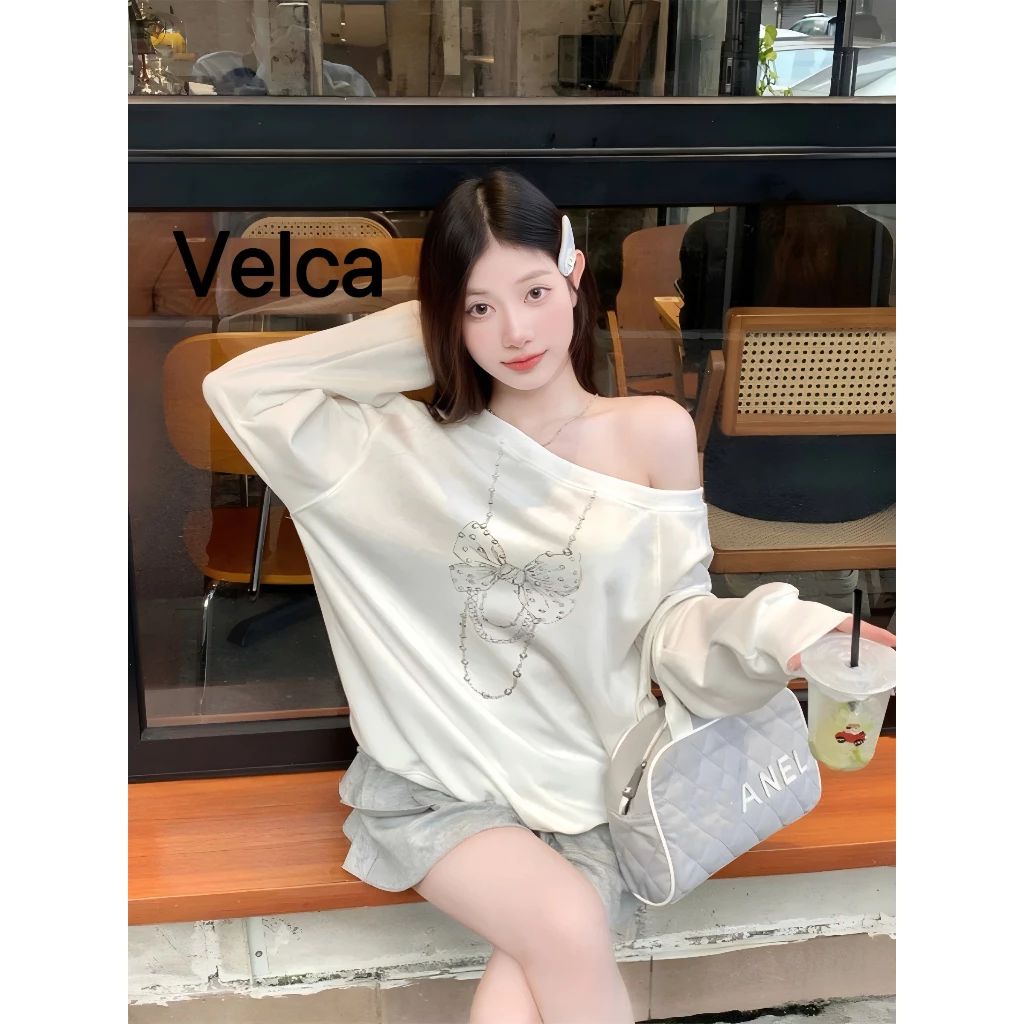 Velca แขนยาวเว้าไหล่ คอกลม ป้องกันแดด ทรงหลวม แฟชั่นฤดูใบไม้ร่วง สไตล์เกาหลี สําหรับผู้หญิง