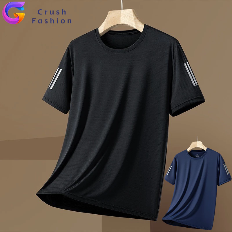 Crush คอกลม ผ้าไหมน้ำแข็ง เย็น แขนสั้น ชาย ฤดูร้อน แบบหลวม ใส่สบาย กีฬา เสื้อยืด สไตล์เกาหลี เหมาะกับฤดูร้อน