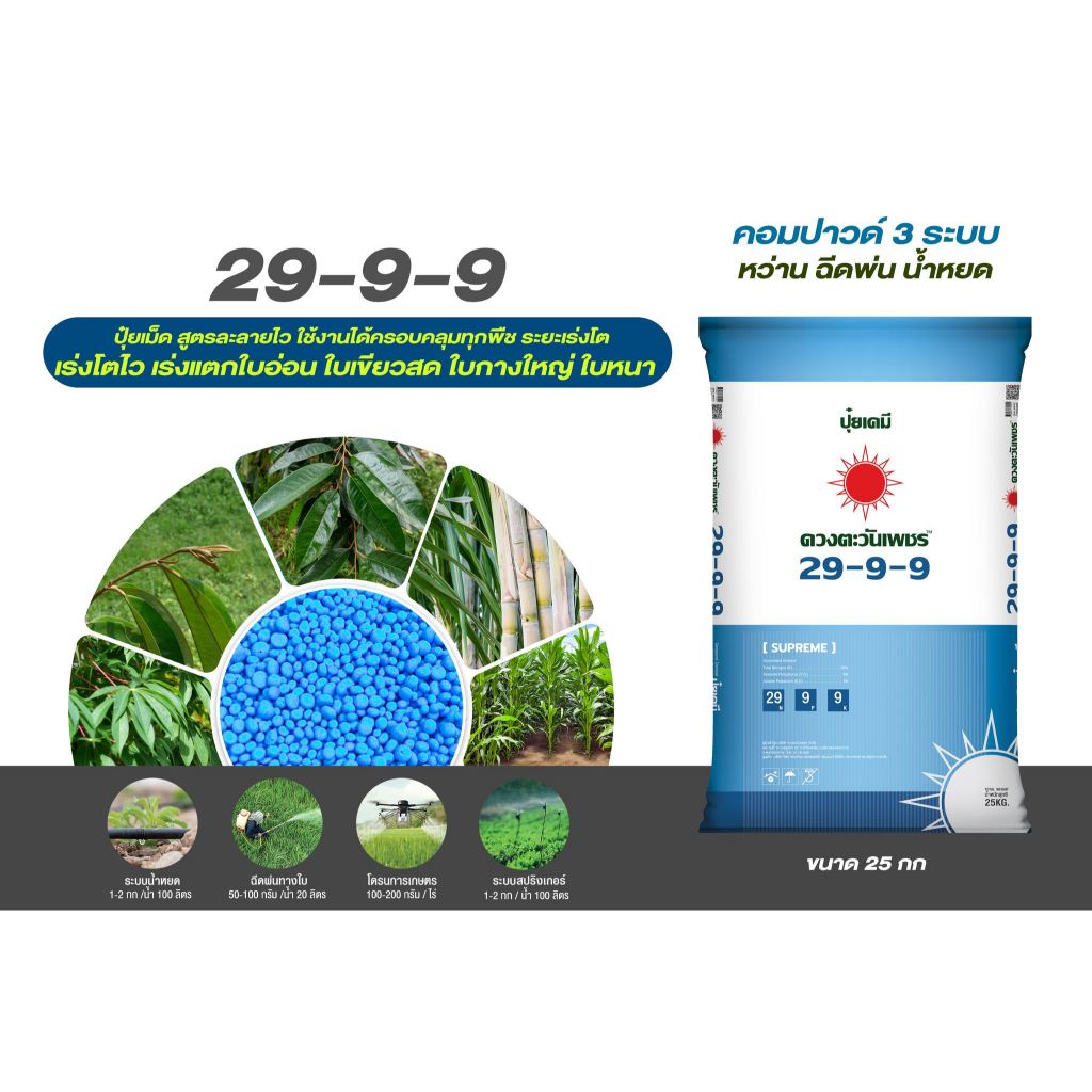 แบ่งขาย1กิโล ปุ๋ยคอมปาวด์ 29-9-9 (ปุ๋ย 3 ระบบ) สุดยอดปุ๋ยเร่งต้นโตไว ต้นใหญ่ แข็งแรงสมบูรณ์