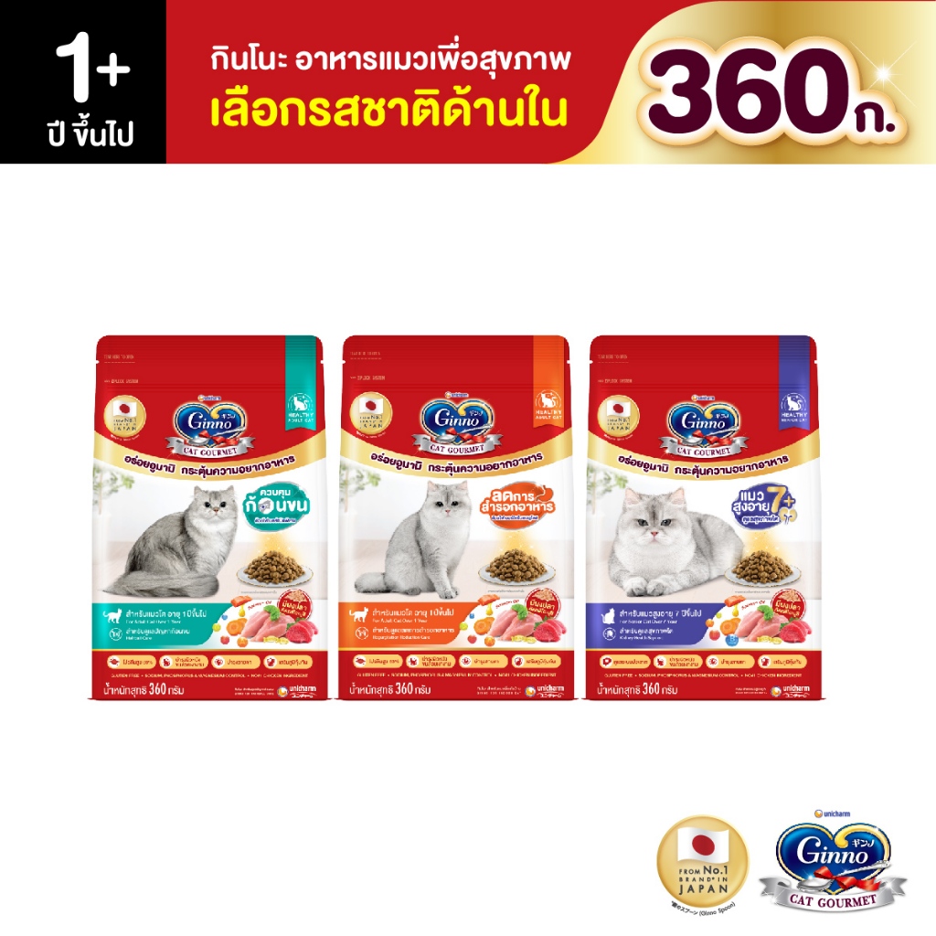 [ใหม่! เลือกรสชาติได้] Ginno Dry Health กินโนะ อาหารเม็ดแมวสูตรสุขภาพ 360g.