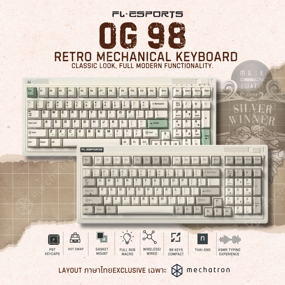 FL-ESPORTS OG98 เมคานิคอลคีย์บอร์ด Compact 98 keys RETRO ภาษาไทย ไร้สาย Mechanical Keyboard RGB Hot-Swap Gasket Mount<p>“><center><h4></h4><p><p><font color=