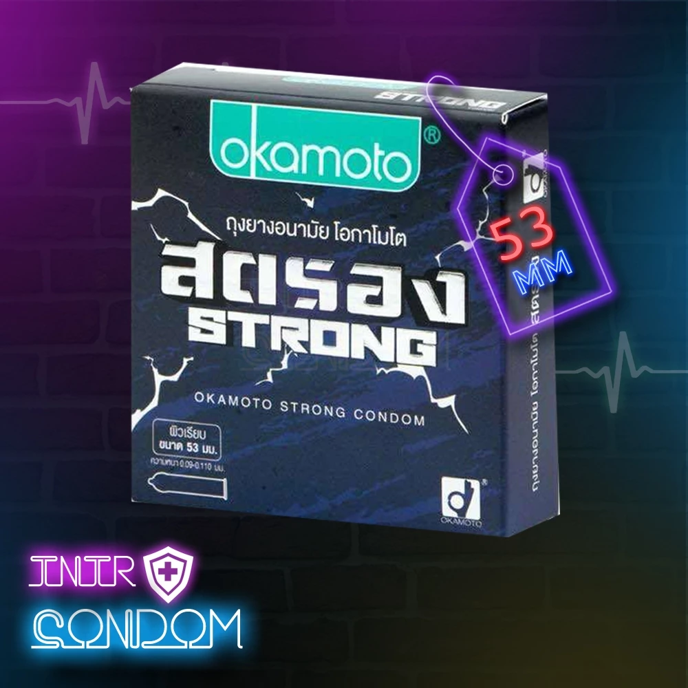 Okamoto Strong ถุงยางอนามัย มีสารชะลอการหลั่ง ผิวเรียบ ขนาด 53 มม. บรรจุ 1 กล่อง (3 ชิ้น)