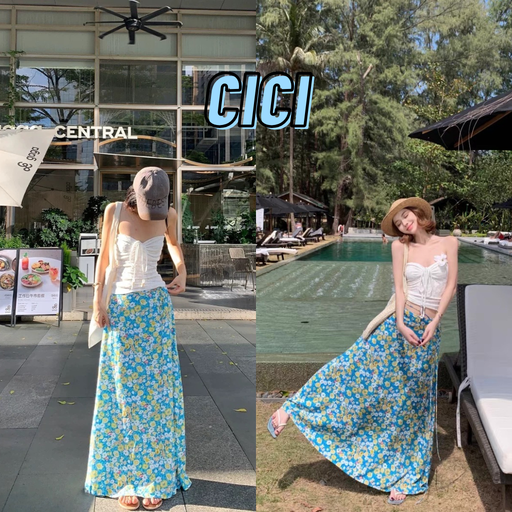 ส่งทันที Cici(NO. 2531) กระโปรงยาวลายดอกไม้สีฟ้า มีซับใน ซิบข้าง มีสายผูกไขว์ สไตล์วันหยุดริมทะเล