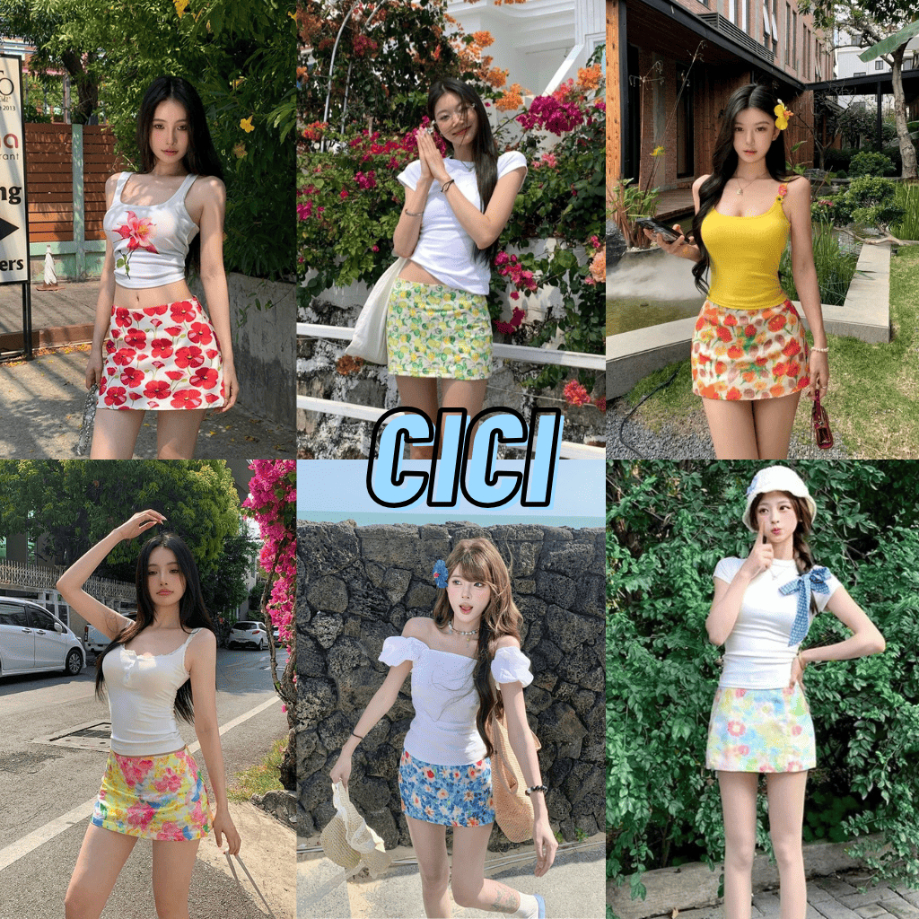 ส่งทันที Cici(NO. 2529) กระโปรงสั้นลายดอกสีสันสดใส มีซับใน ซิบข้าง สไตล์สาวฮาวาย