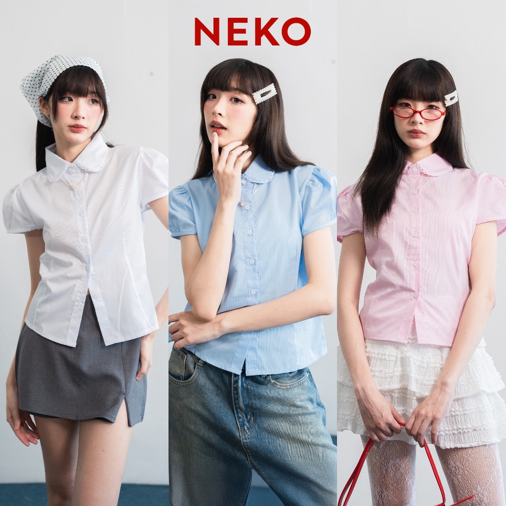 Neko_Sp083 เสื้อเชิ้ตคอบัว แขนตุ๊กตา ผูกหลัง ทรงเข้ารูป ลุคหวาน เรียบร้อย ใส่ทำงาน/ออกเดต