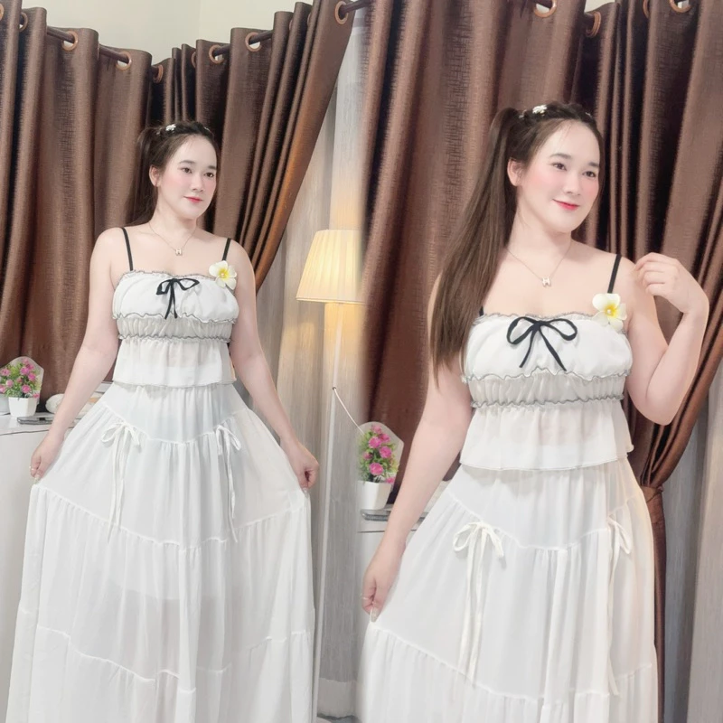 Set 2 ชิ้นเสื้อสายเดี่ยวกระโปรงยาว ( summer -3 ชีฟอง )