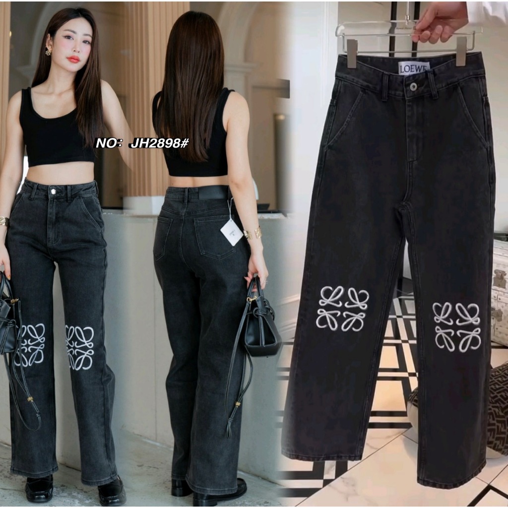 2898#สีดำ กางเกงยีนส์ขากระบอก