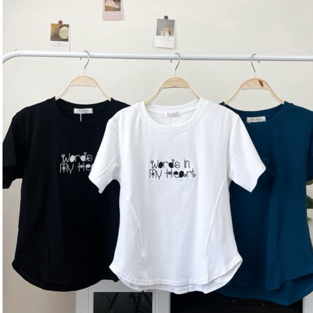 MS83 เสื้อยืดคอกลมตีเกร็ดปักข้อความ อก 34-38 นิ้ว ชายโค้ง ผ้าคอตตอนยูนิ