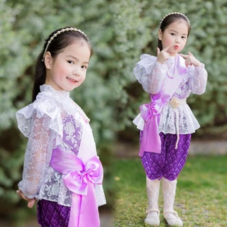 ชุดไทยเด็ก ลูกไม้นิ่ม แขนยาว ผ้าพาดไหล่ใส่ได้2แบบ โจงกระเบนผ้าไทย เนื้อนุ่มใส่สบาย