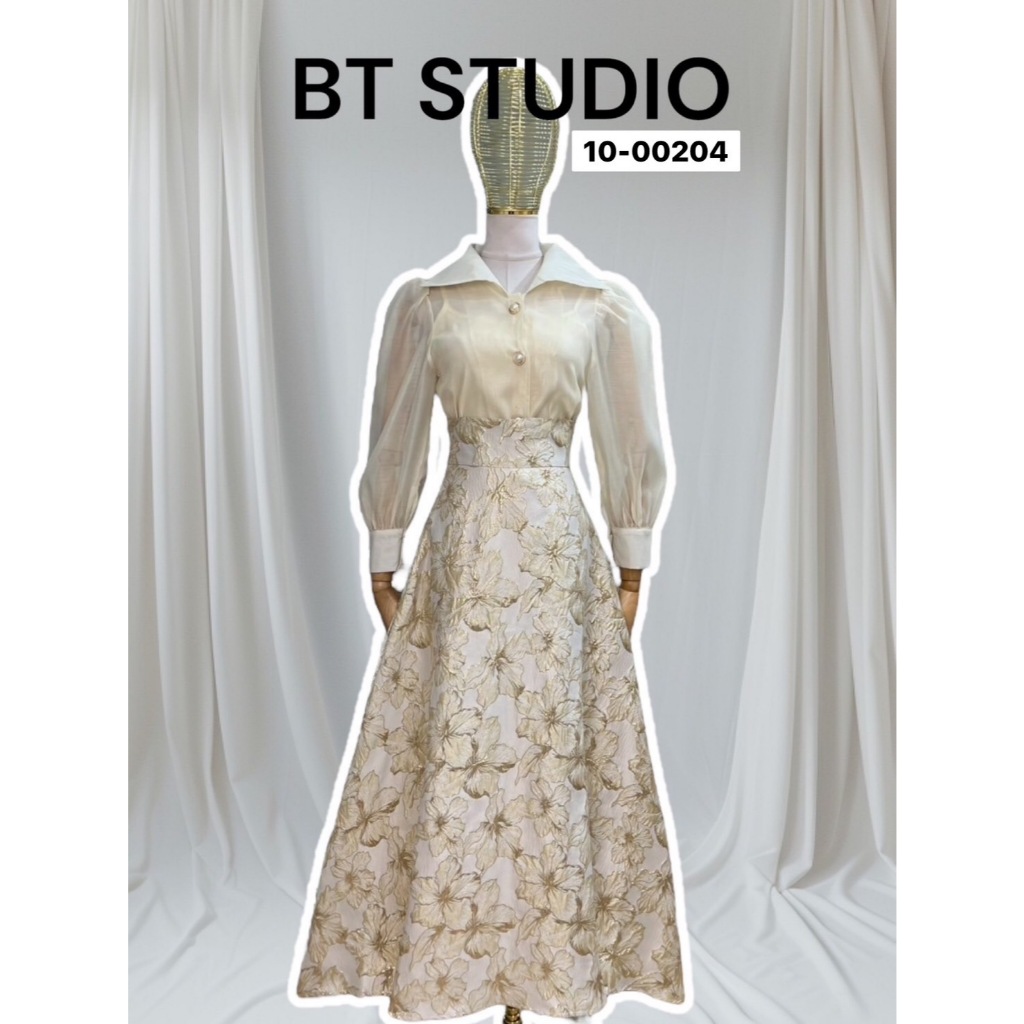 BT 10-00204F เซท 3 ชิ้น เสื้อชีฟองแขน 5 ส่วนคอปก พร้อมเสื้อตัวในสายเดี่ยว แมทซ์กับกระโปรงเอวสูงบานออก มีซับใน