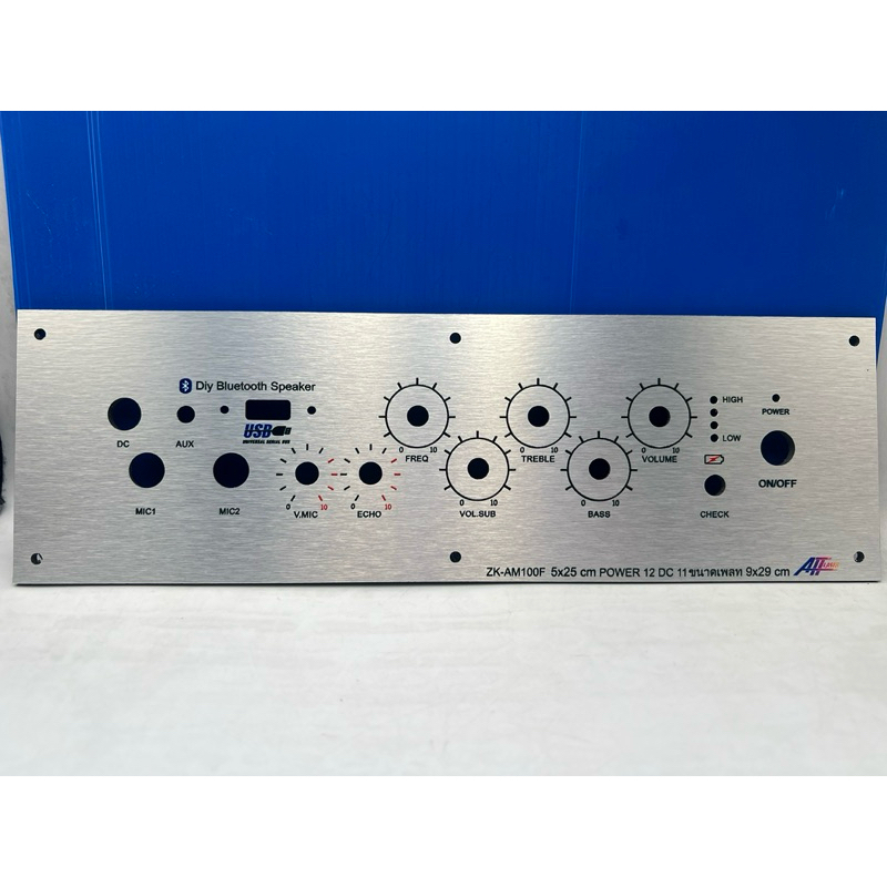 เพลทลำโพงบูลทูธ รุ่น ZK-AM100F  วัตแบตเม็ดไฟ ช่องเพลท5*25ขนาดแผ่น29x9ซมเพลทคอมโพสิตสีเงิน