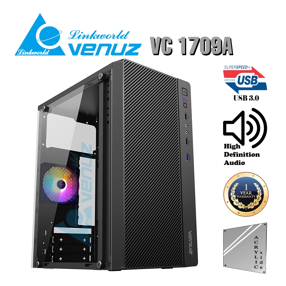 VENUZ Acrylic Side micro ATX Computer Case VC 1709A with 80mm Rainbow RGB Fan x 1 – Black