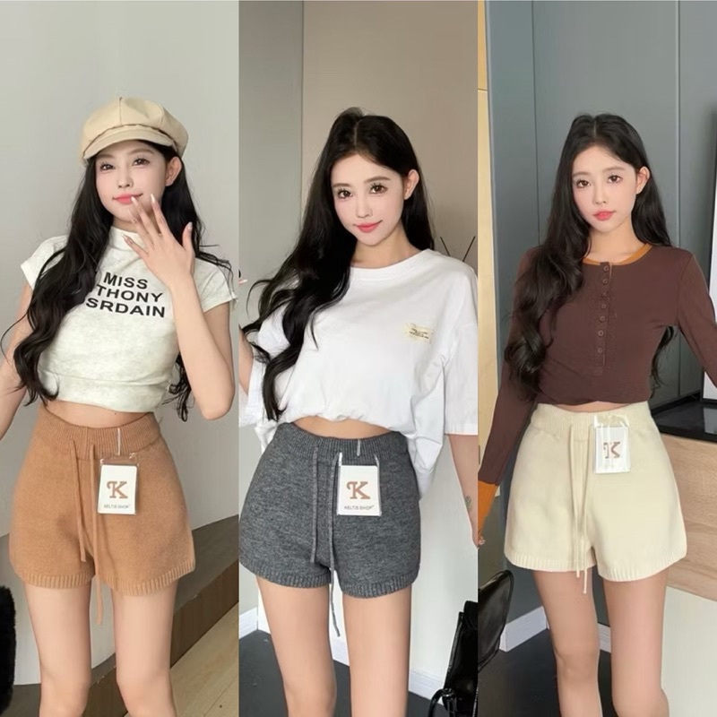 Gang_jeans#1226(K)กางเกงขาสั้นไหมพรม สีพื้น