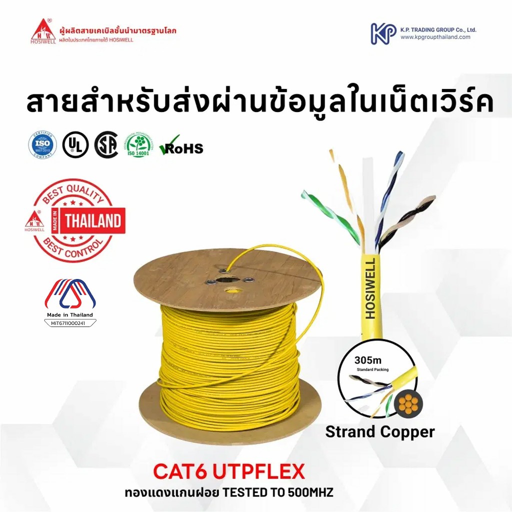 Hosiwell สายแลน UTPFLEX6 แกนฝอย ทองแดง 100%,4 Pair 24 awg Stranded Bare Copper,Unshielded 305m./Box