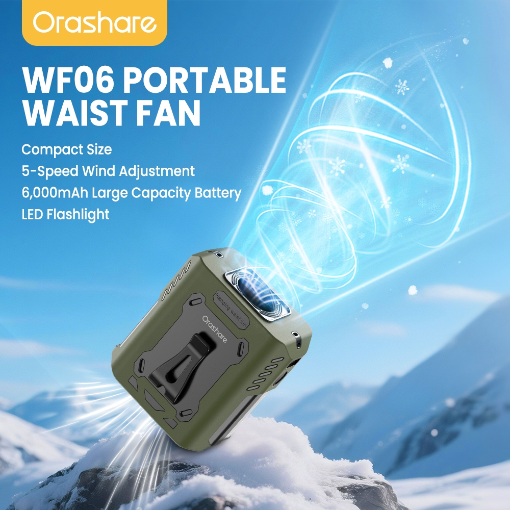 Orashare WF06 พัดลมคาดเอวแบบพกพา6000mAhไฟเคลื่อนที่และไฟ LED ฉุกเฉินพัดลมพกพาแขวนคอและเอว5ระดับ